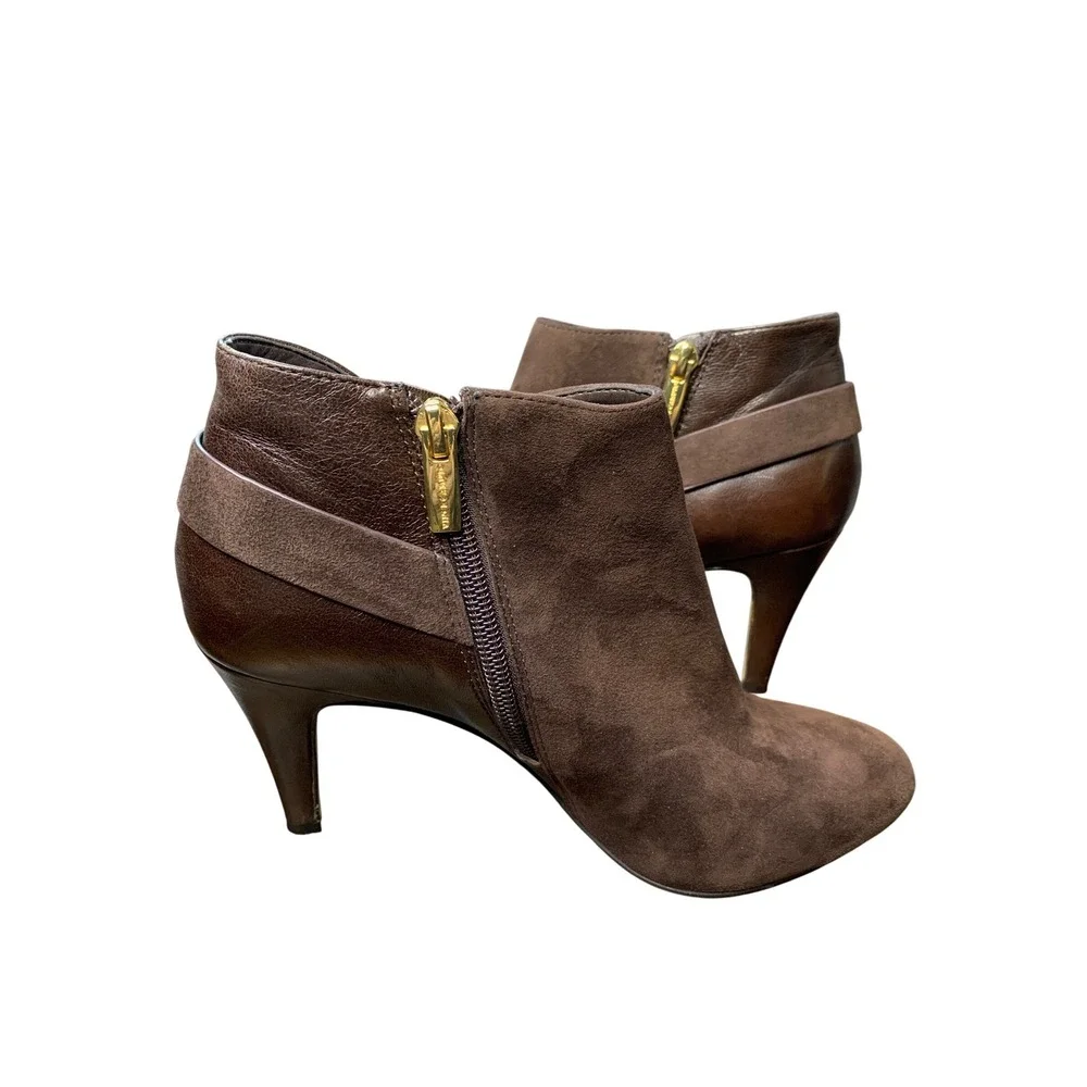 Vince Camuto Venten Brown Suede Leather Ankle Bootie Gold Zipper Buckle Heel 6.5